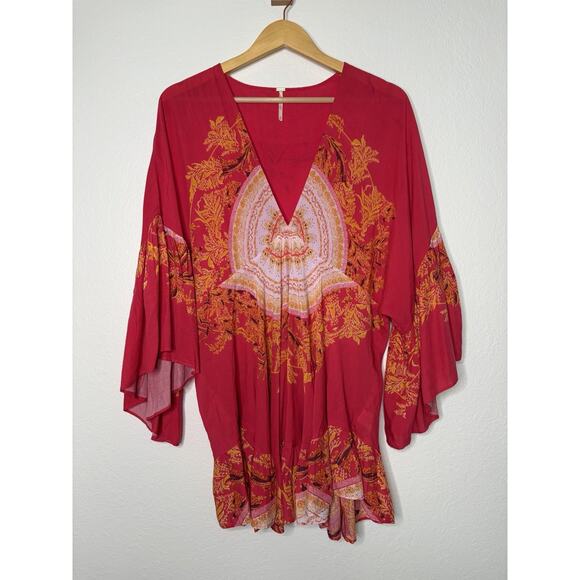 Free People Tops - Free People Sunset Dreams Tunic Top in Pink Orange Boho V-Neck Bell Sleeve Sz M